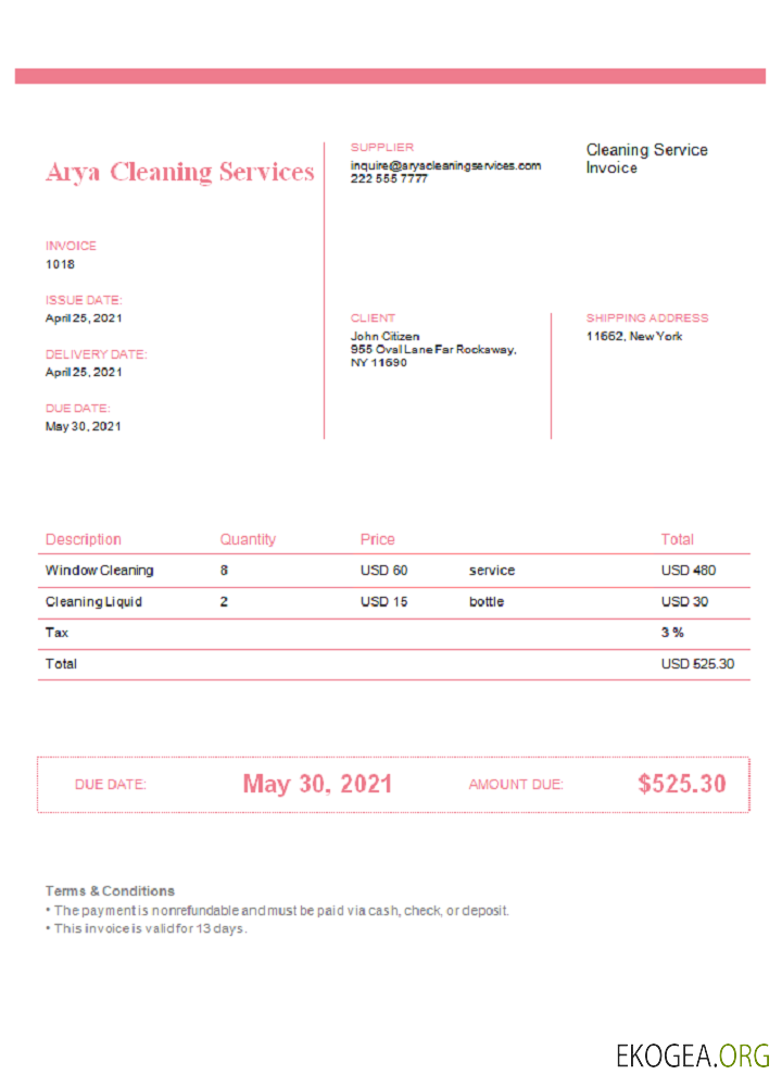 Facture des services de nettoyage Arya aux États , Unis